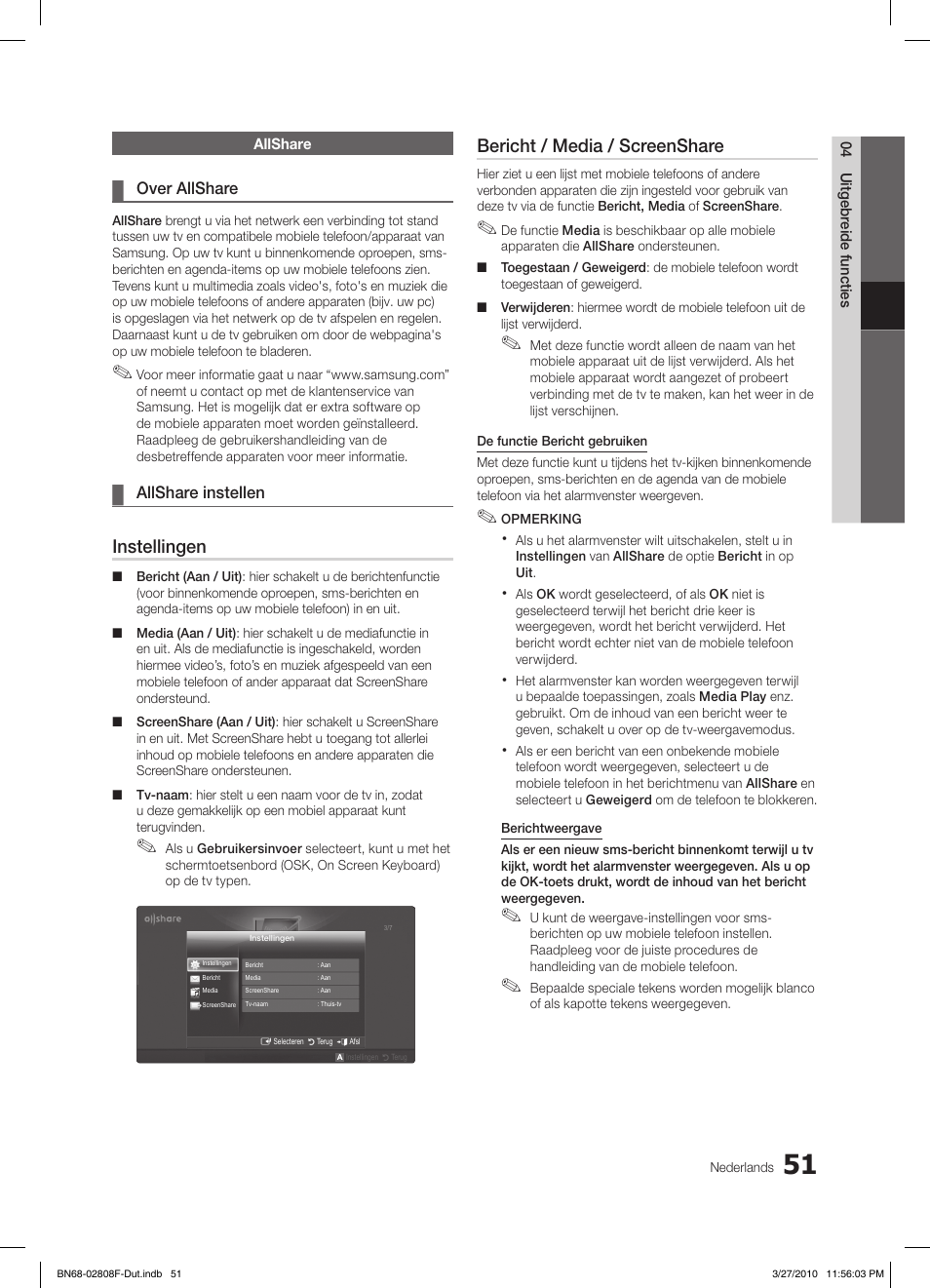 Instellingen, Bericht / media / screenshare | Samsung LE40C750R2W User Manual | Page 234 / 245