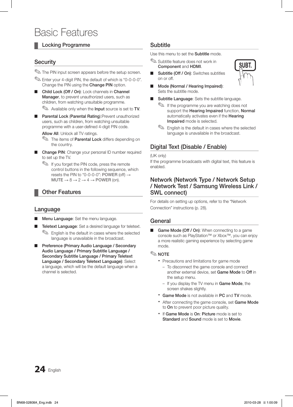 Basic features, Security, Other features ¦ language | Subtitle, Digital text (disable / enable), General | Samsung LE40C750R2W User Manual | Page 24 / 245