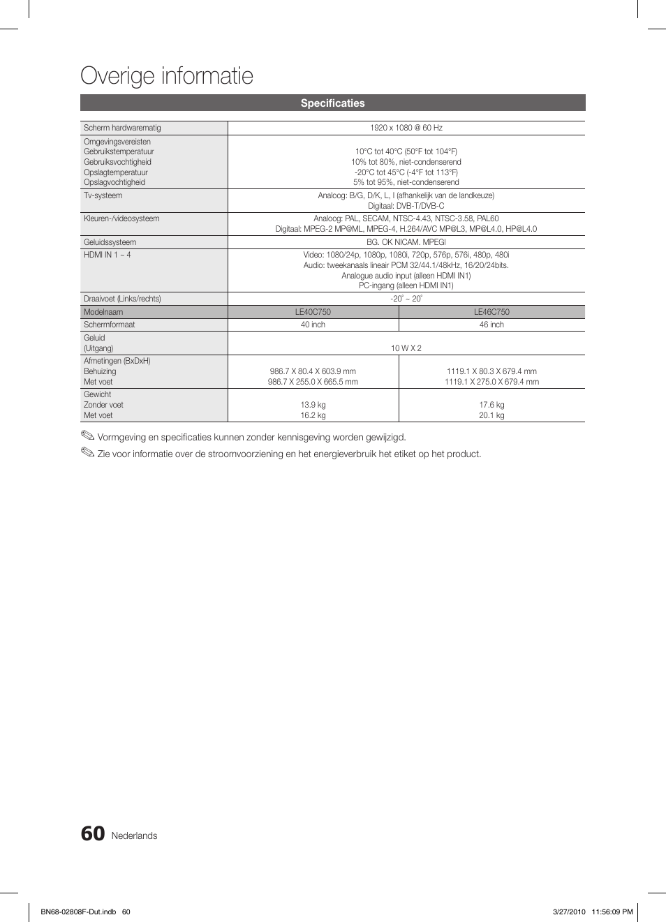 Overige informatie | Samsung LE40C750R2W User Manual | Page 243 / 245