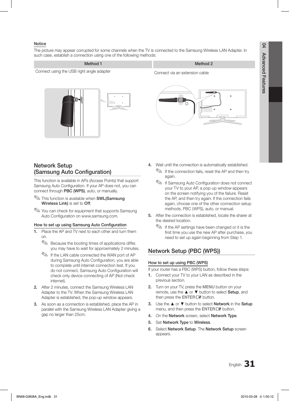 Network setup (samsung auto configuration), Network setup (pbc (wps)) | Samsung LE40C750R2W User Manual | Page 31 / 245