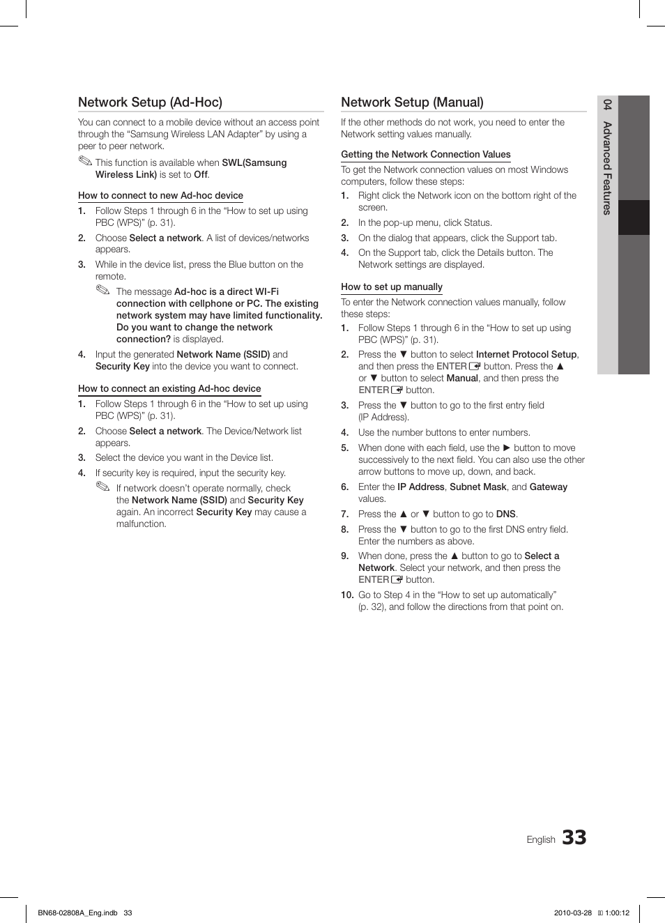 Network setup (ad-hoc), Network setup (manual) | Samsung LE40C750R2W User Manual | Page 33 / 245