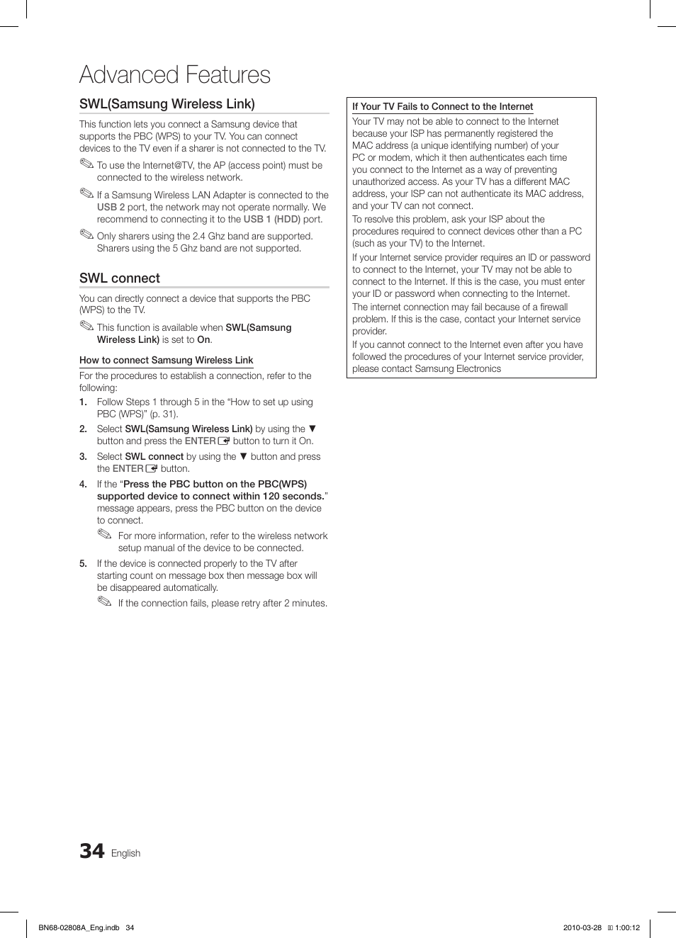 Advanced features | Samsung LE40C750R2W User Manual | Page 34 / 245