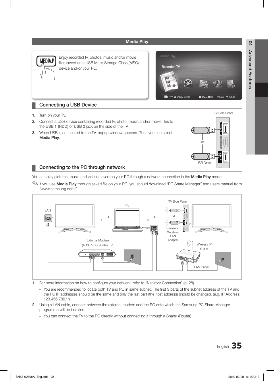 Connecting a usb device, Connecting to the pc through network | Samsung LE40C750R2W User Manual | Page 35 / 245