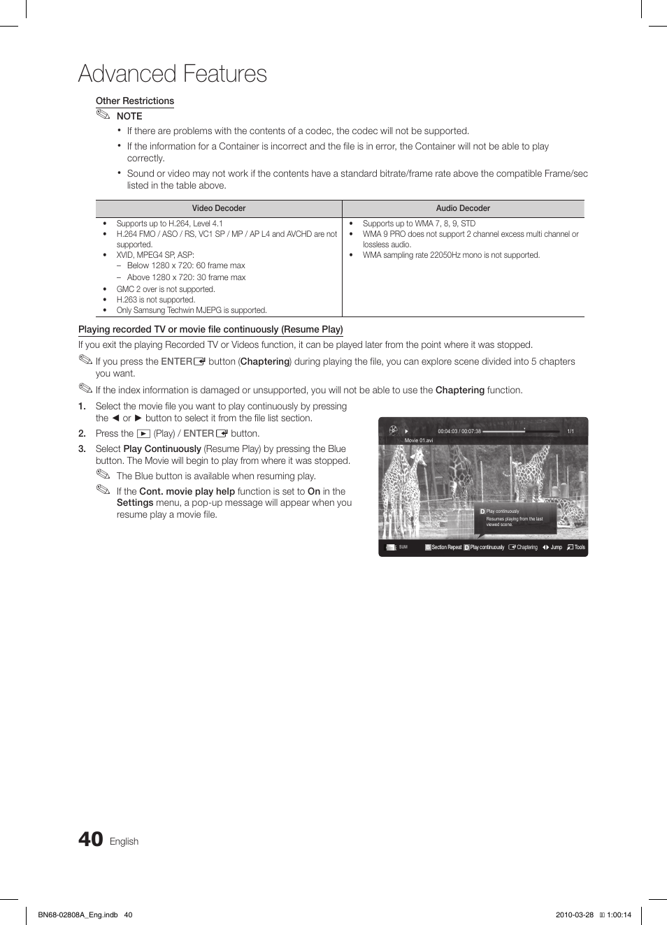 Advanced features | Samsung LE40C750R2W User Manual | Page 40 / 245