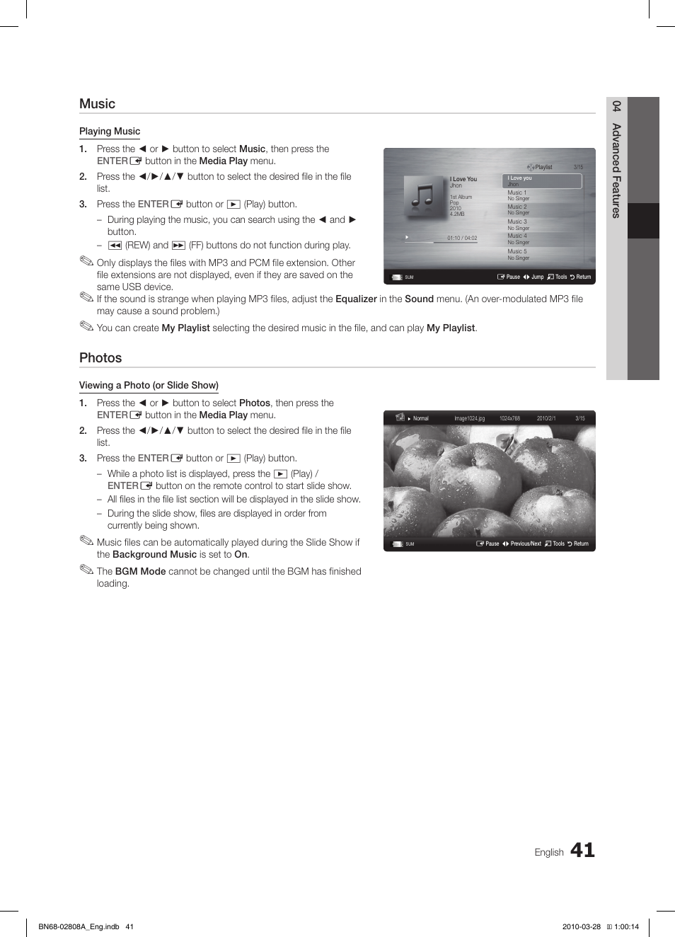 Music, Photos | Samsung LE40C750R2W User Manual | Page 41 / 245