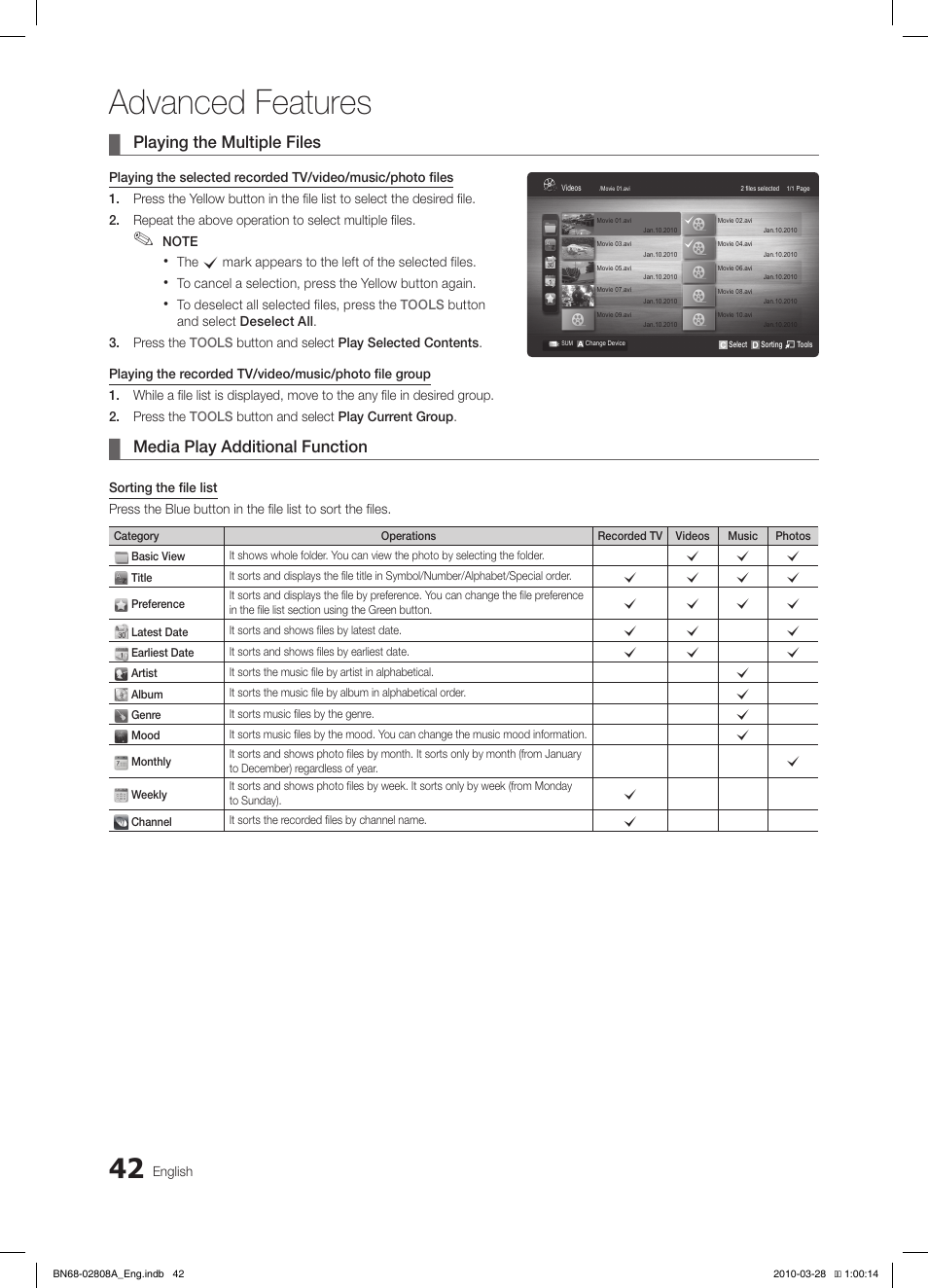 Advanced features, Playing the multiple files, Media play additional function | Samsung LE40C750R2W User Manual | Page 42 / 245