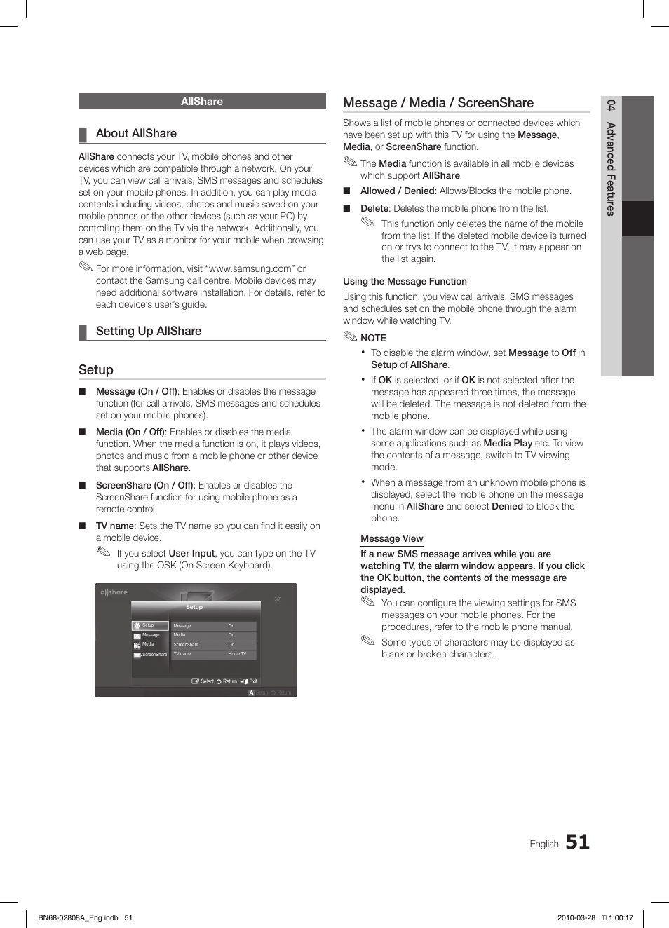 Setup, Message / media / screenshare | Samsung LE40C750R2W User Manual | Page 51 / 245