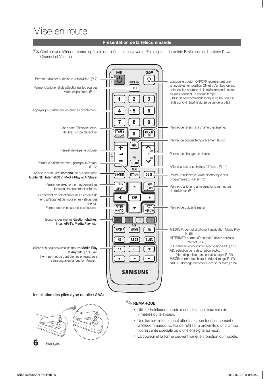 Mise en route | Samsung LE40C750R2W User Manual | Page 67 / 245