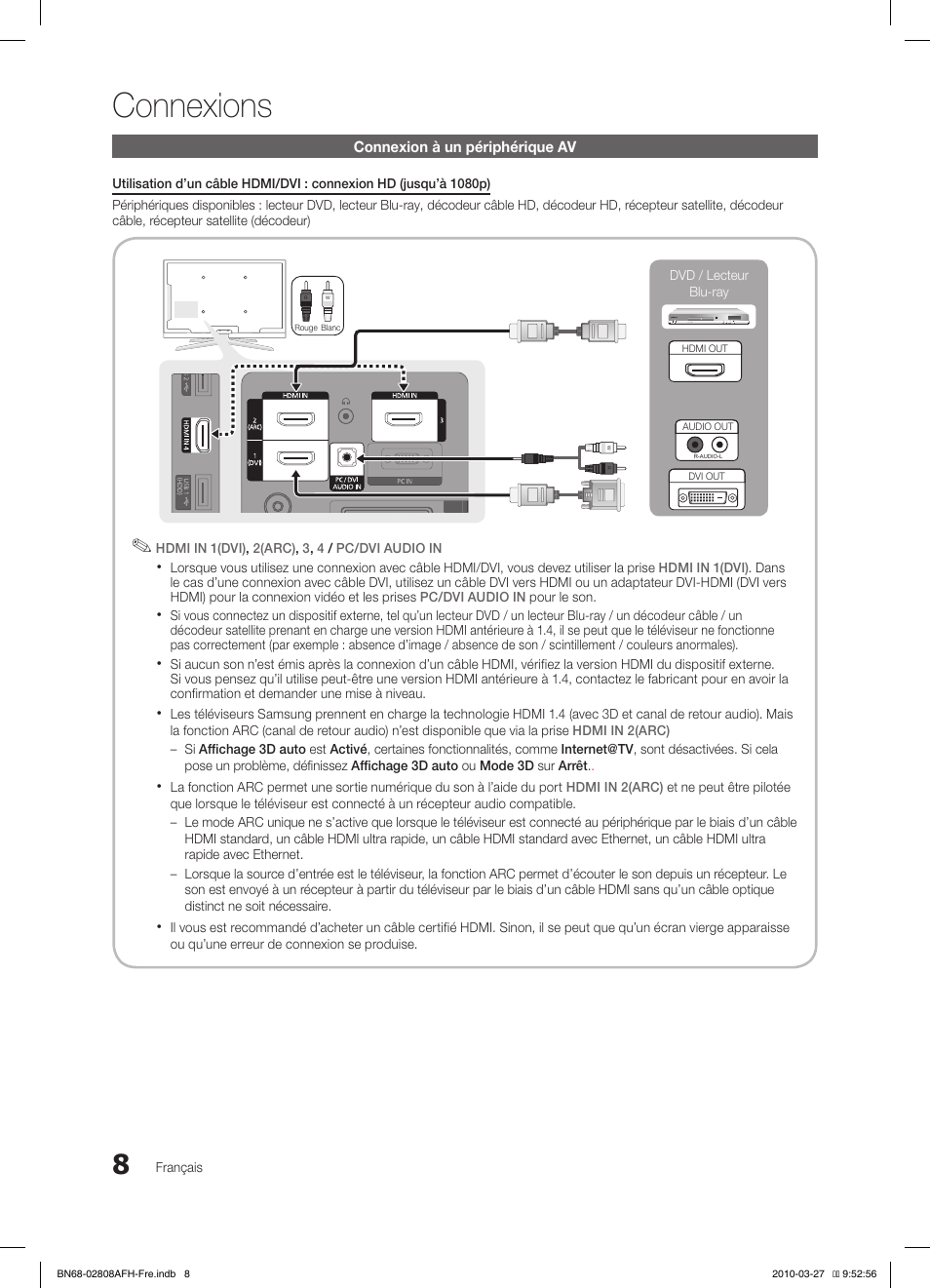 Connexions | Samsung LE40C750R2W User Manual | Page 69 / 245