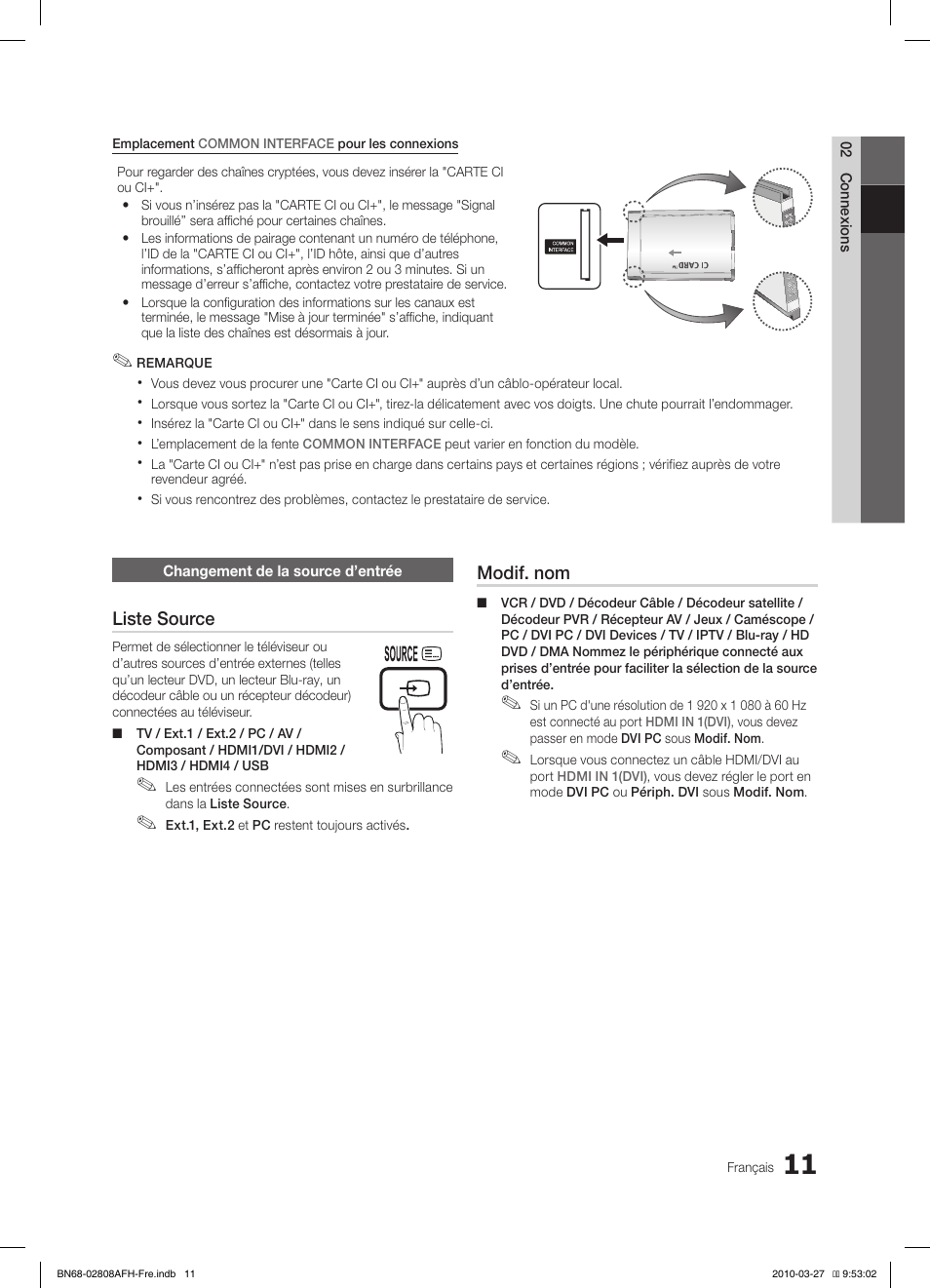 Liste source, Modif. nom | Samsung LE40C750R2W User Manual | Page 72 / 245