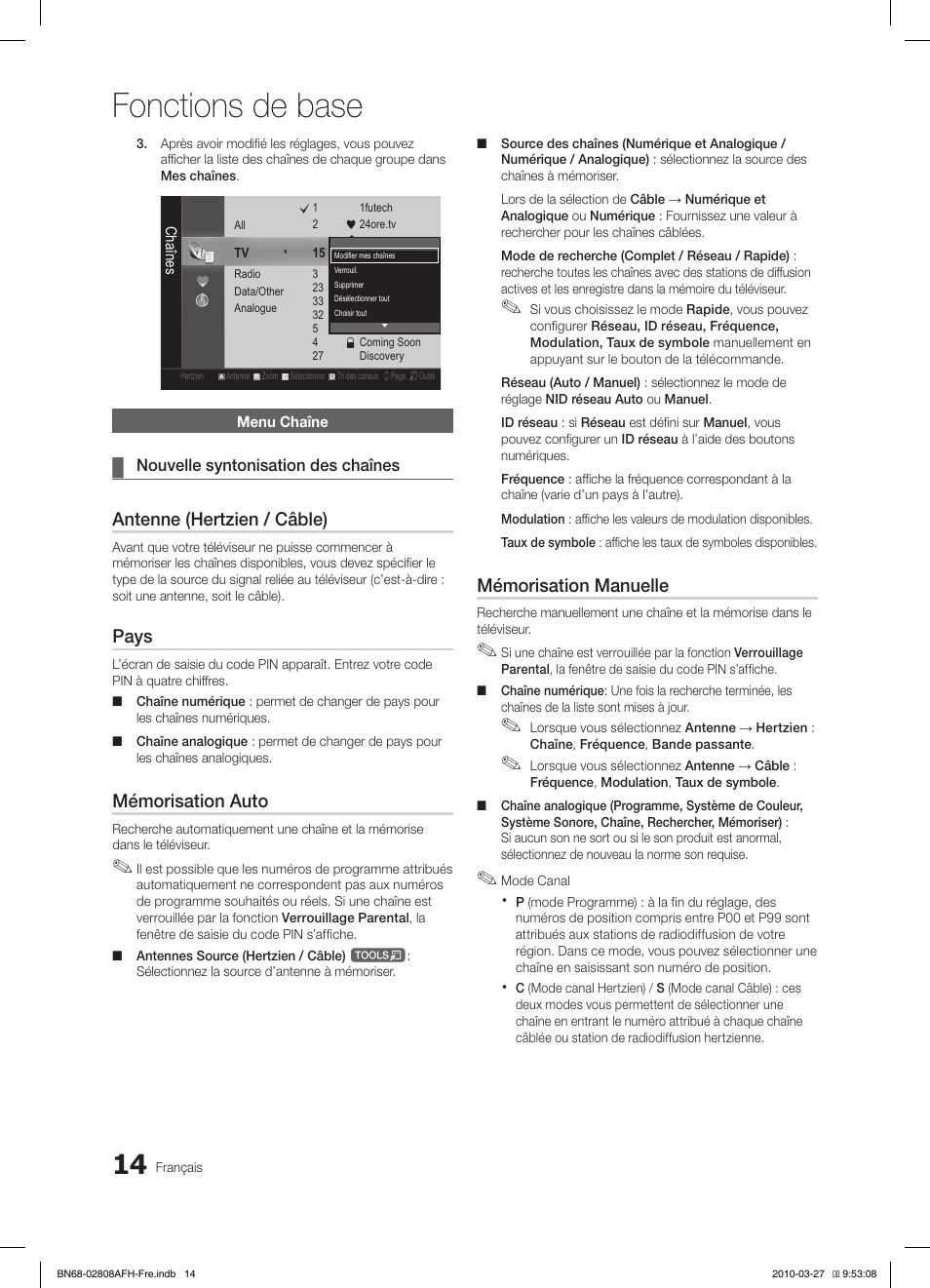 Fonctions de base, Antenne (hertzien / câble), Pays | Mémorisation auto, Mémorisation manuelle | Samsung LE40C750R2W User Manual | Page 75 / 245