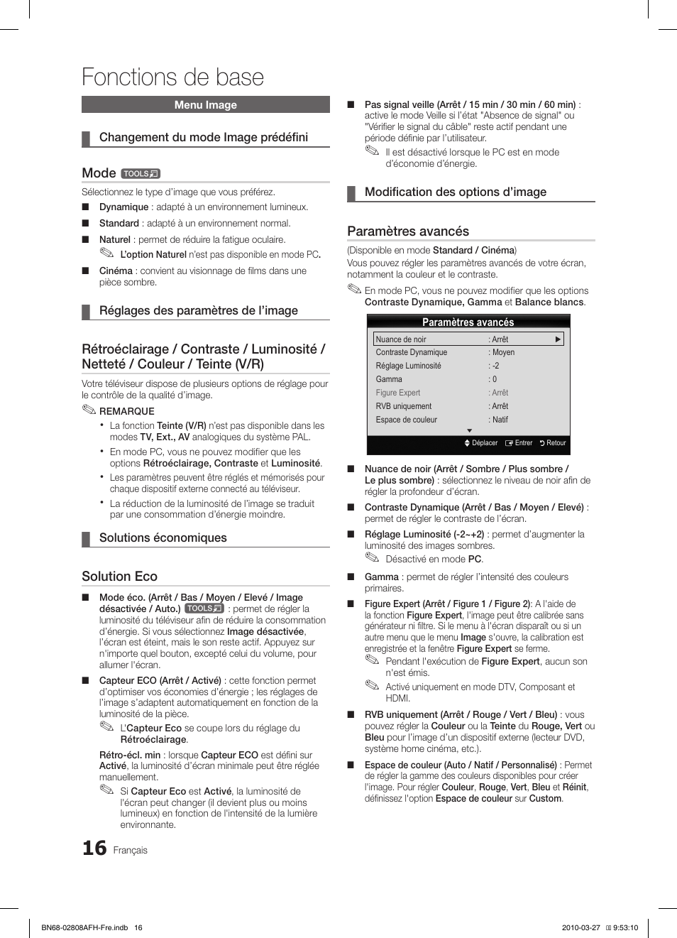 Fonctions de base, Mode, Solution eco | Paramètres avancés | Samsung LE40C750R2W User Manual | Page 77 / 245