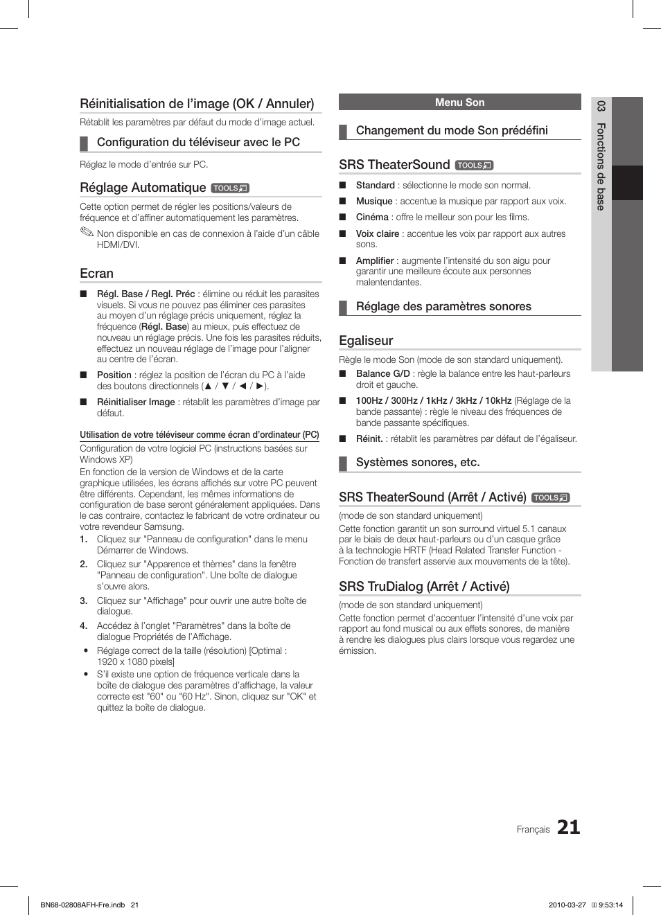 Réinitialisation de l’image (ok / annuler), Réglage automatique, Ecran | Srs theatersound, Egaliseur, Srs theatersound (arrêt / activé), Srs trudialog (arrêt / activé) | Samsung LE40C750R2W User Manual | Page 82 / 245