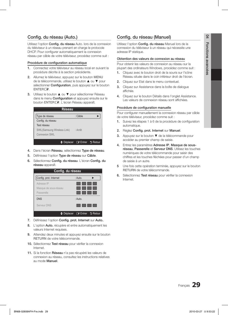 Config. du réseau (auto.), Config. du réseau (manuel) | Samsung LE40C750R2W User Manual | Page 90 / 245