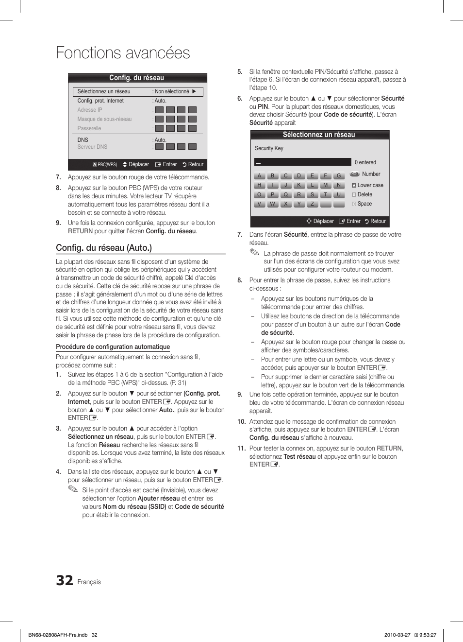 Fonctions avancées, Config. du réseau (auto.) | Samsung LE40C750R2W User Manual | Page 93 / 245