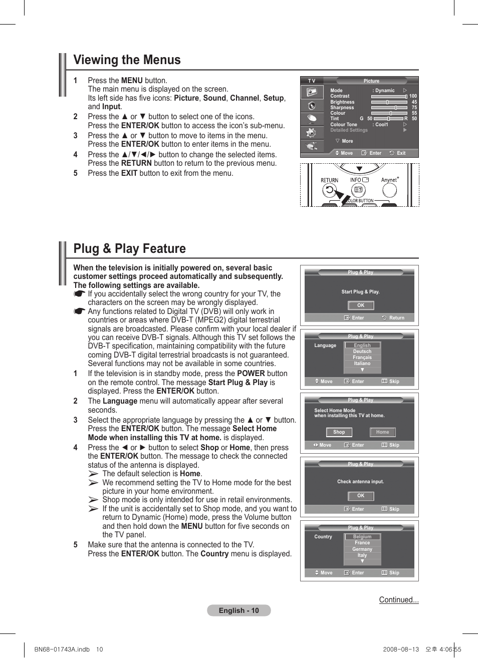 Viewing the menus, Plug & play feature | Samsung PS50A417C2D User Manual | Page 10 / 477