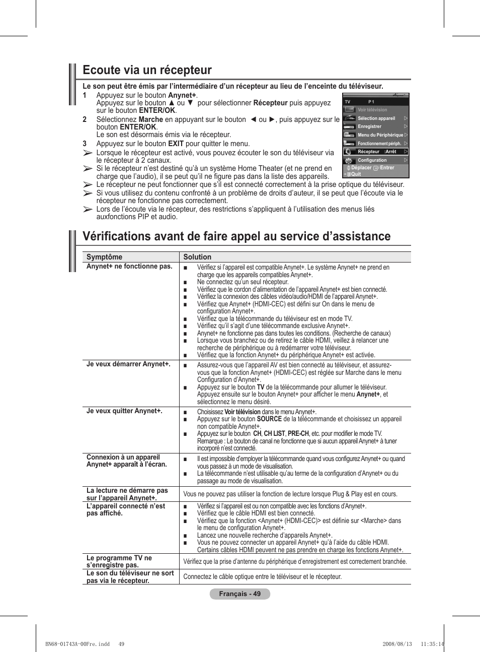 Ecoute via un récepteur | Samsung PS50A417C2D User Manual | Page 111 / 477