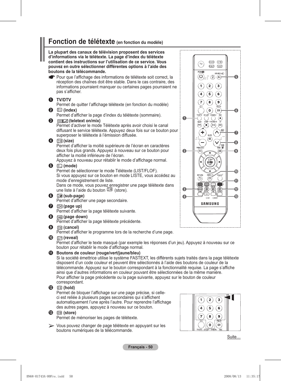 Fonction de télétexte | Samsung PS50A417C2D User Manual | Page 112 / 477