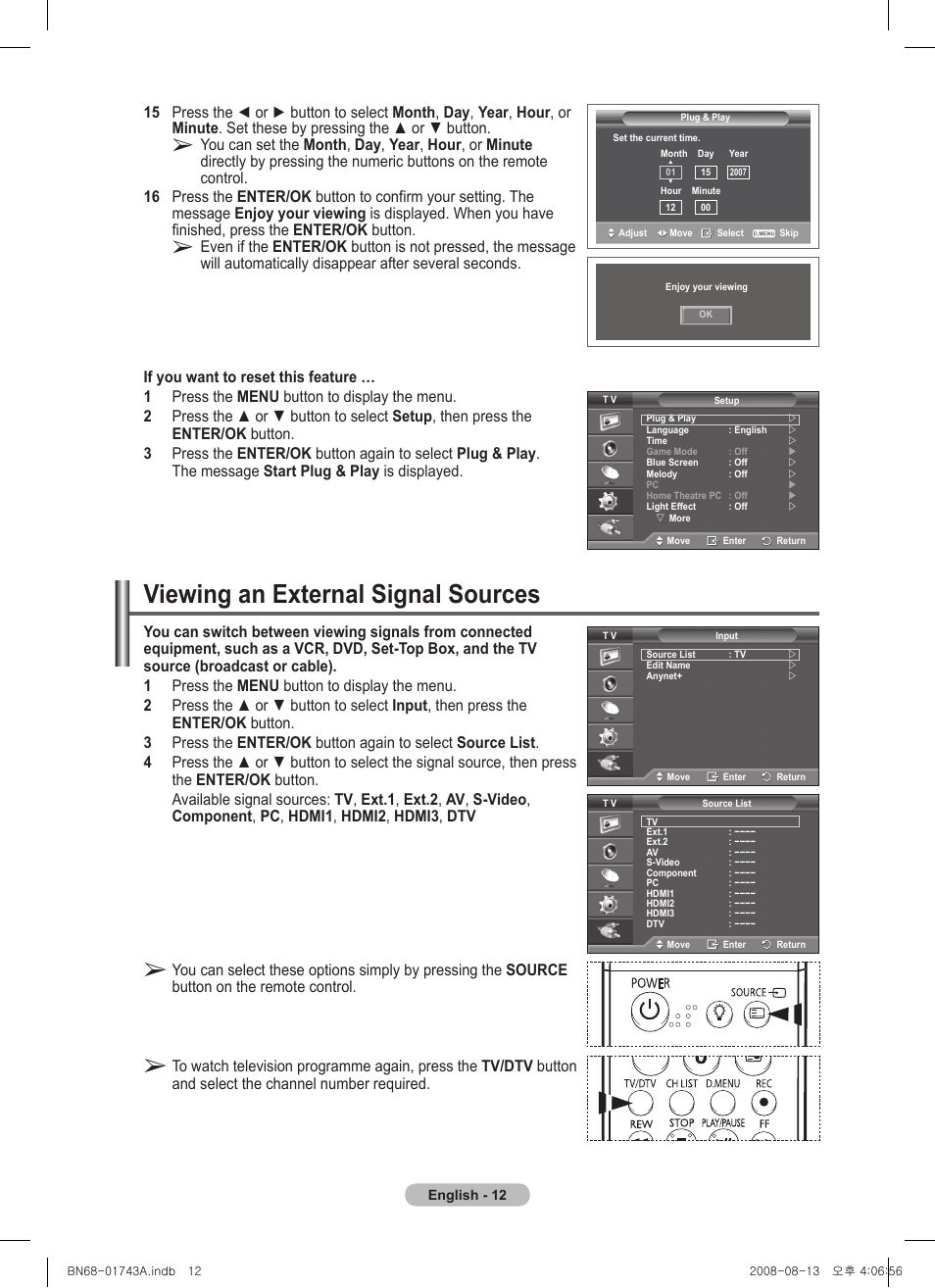 Viewing an external signal sources | Samsung PS50A417C2D User Manual | Page 12 / 477