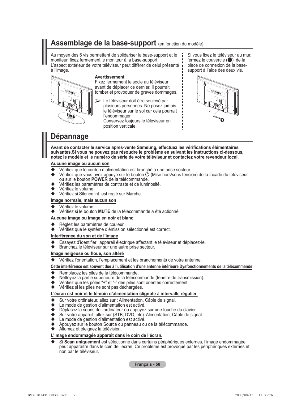 Dépannage, Assemblage de la base-support | Samsung PS50A417C2D User Manual | Page 120 / 477