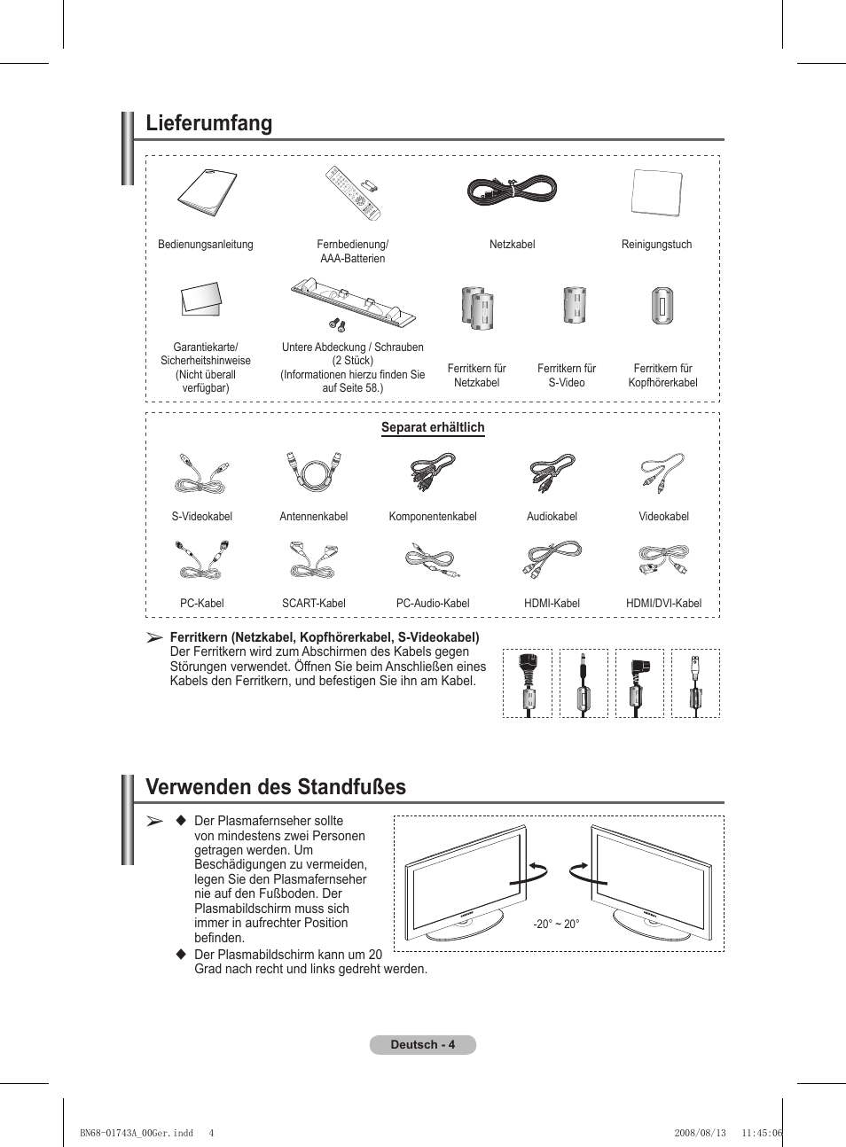 Lieferumfang, Verwenden des standfußes | Samsung PS50A417C2D User Manual | Page 125 / 477