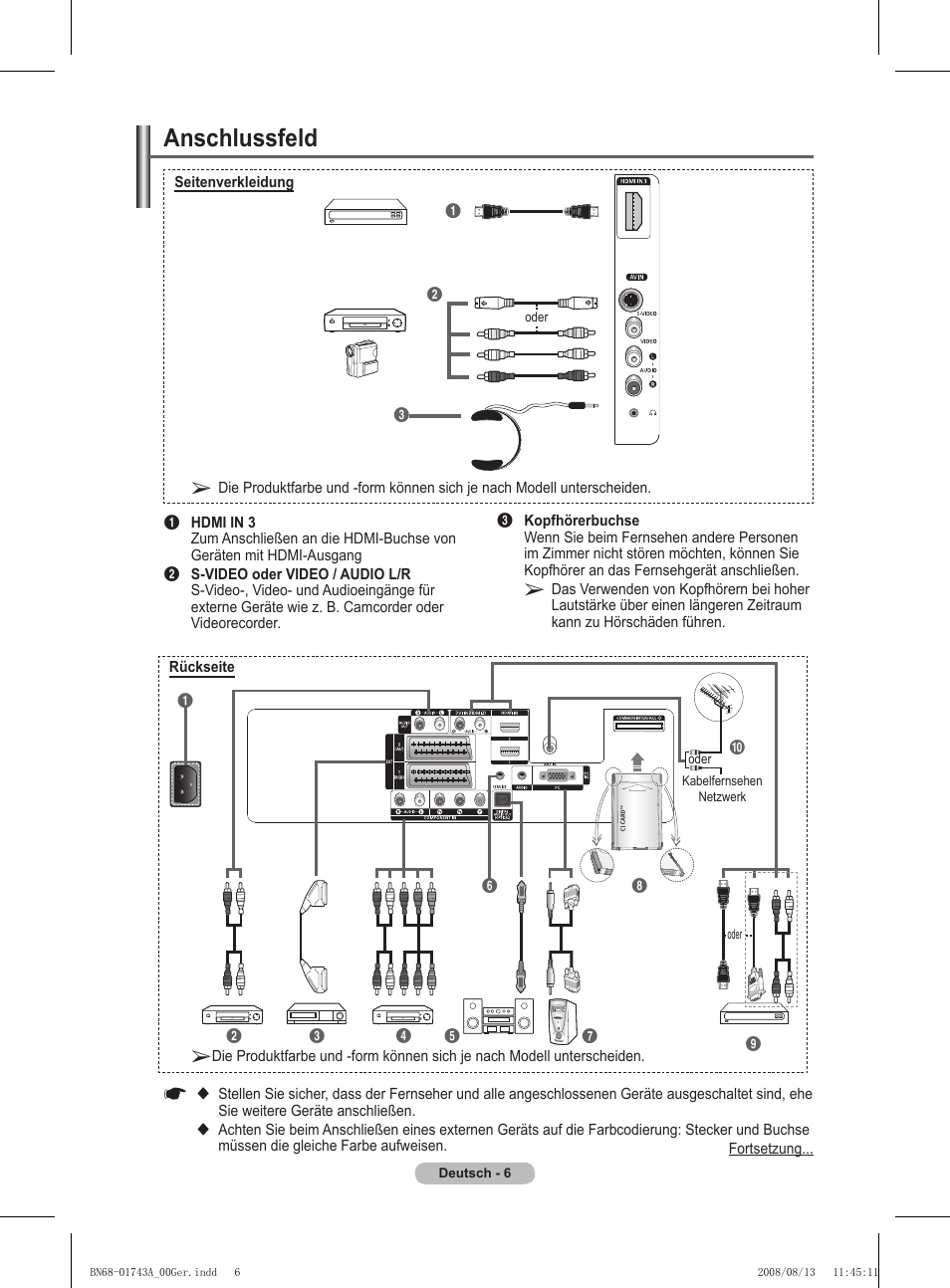 Anschlussfeld | Samsung PS50A417C2D User Manual | Page 127 / 477