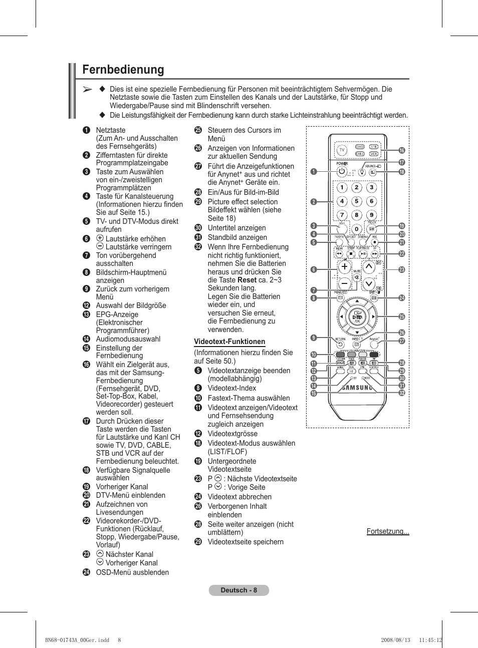 Fernbedienung | Samsung PS50A417C2D User Manual | Page 129 / 477