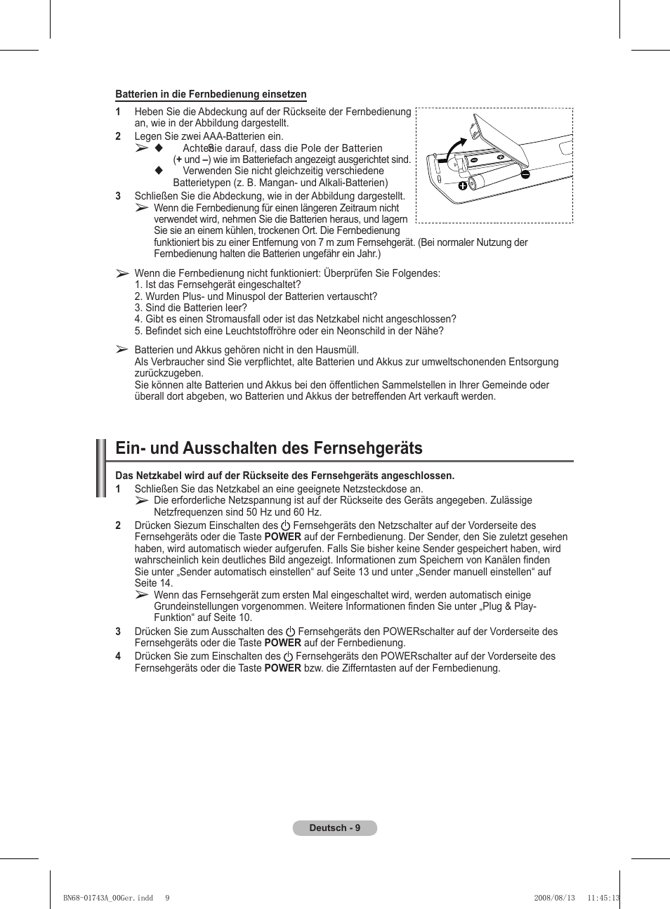 Ein- und ausschalten des fernsehgeräts | Samsung PS50A417C2D User Manual | Page 130 / 477