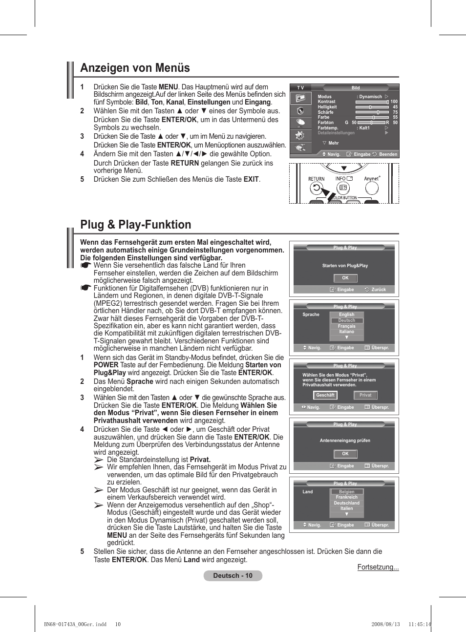 Plug & play-funktion, Anzeigen von menüs | Samsung PS50A417C2D User Manual | Page 131 / 477