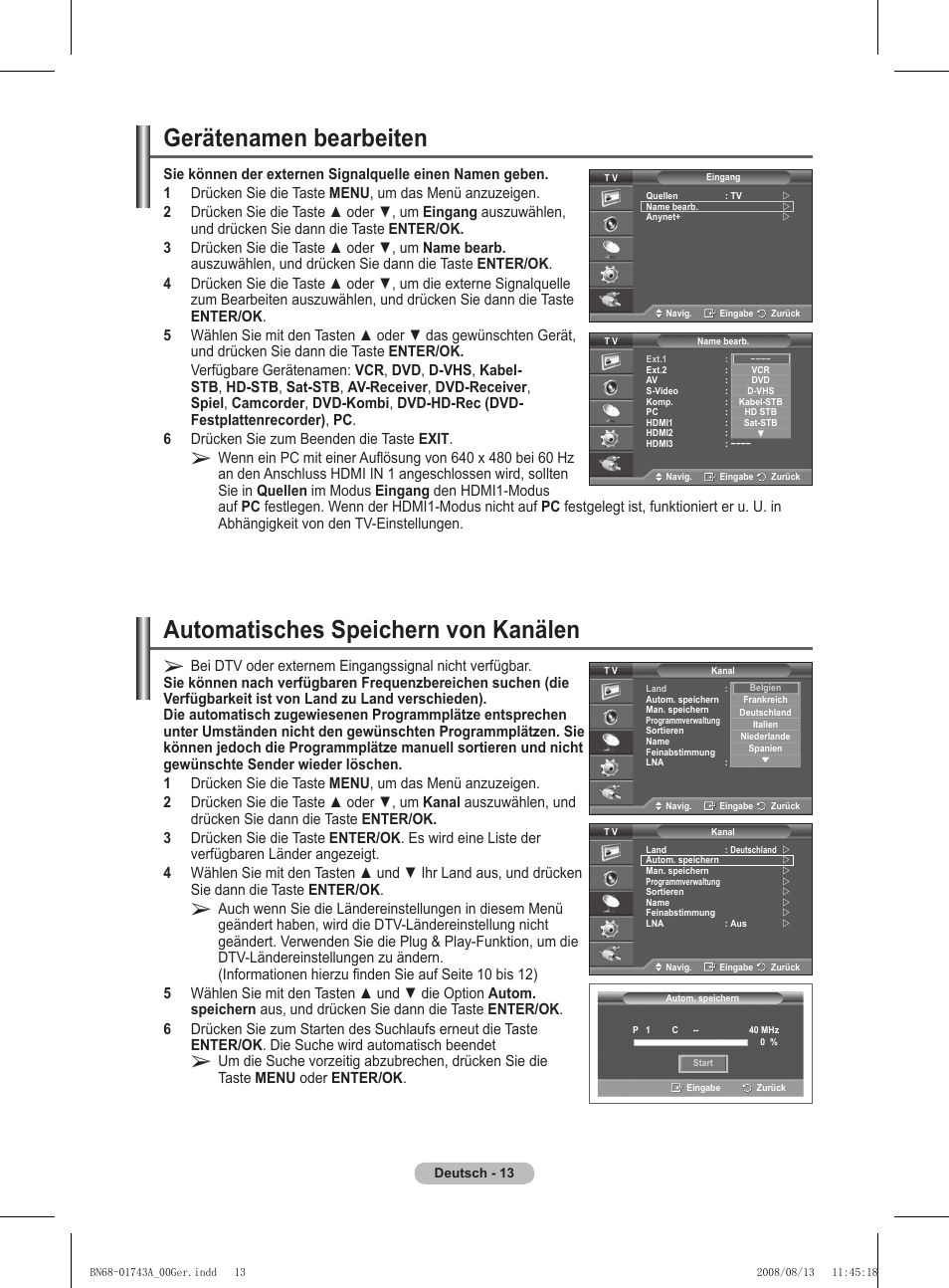 Gerätenamen bearbeiten, Automatisches speichern von kanälen | Samsung PS50A417C2D User Manual | Page 134 / 477