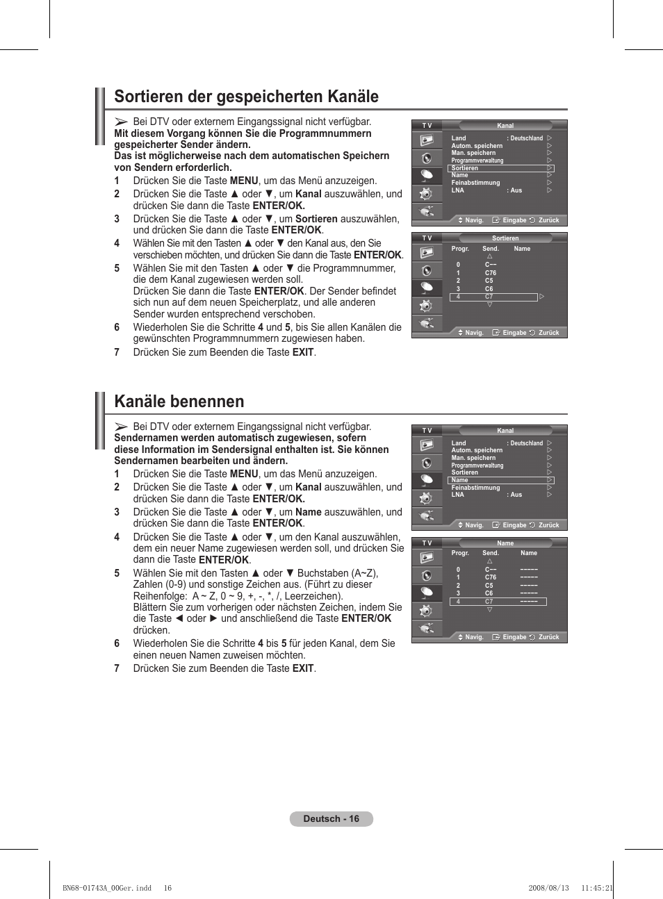 Sortieren der gespeicherten kanäle, Kanäle benennen | Samsung PS50A417C2D User Manual | Page 137 / 477