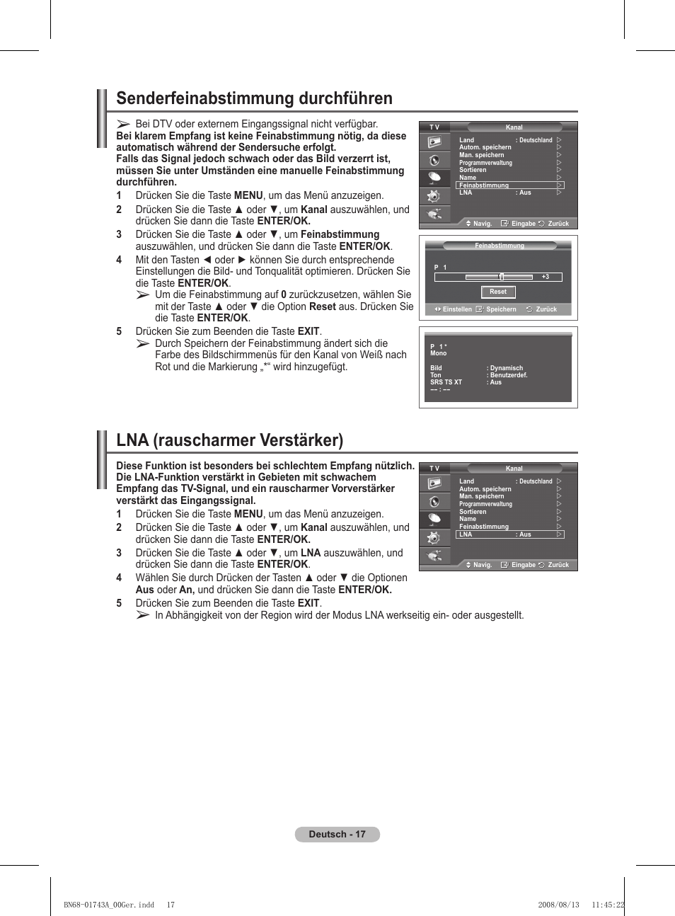 Senderfeinabstimmung durchführen, Lna (rauscharmer verstärker) | Samsung PS50A417C2D User Manual | Page 138 / 477
