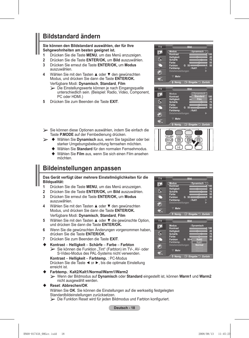 Bildstandard ändern, Bildeinstellungen anpassen, Wählen sie standard für den normalen fernsehmodus | Samsung PS50A417C2D User Manual | Page 139 / 477