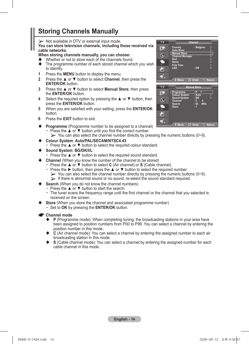 Storing channels manually | Samsung PS50A417C2D User Manual | Page 14 / 477