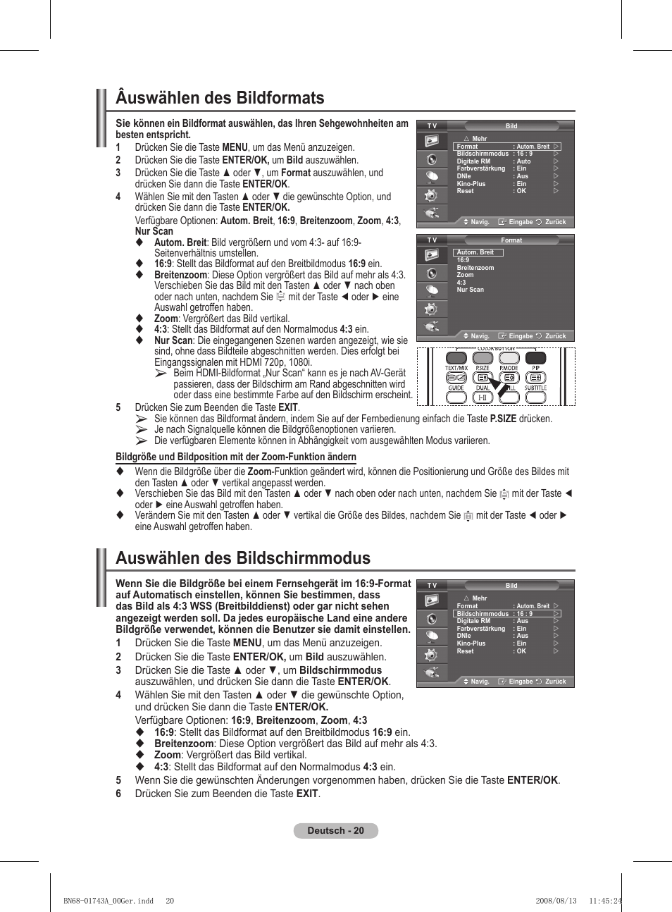 Âuswählen des bildformats, Auswählen des bildschirmmodus | Samsung PS50A417C2D User Manual | Page 141 / 477