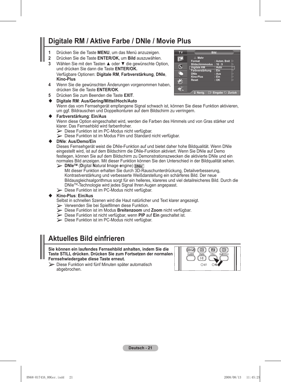 Digitale rm / aktive farbe / dnie / movie plus, Aktuelles bild einfrieren | Samsung PS50A417C2D User Manual | Page 142 / 477