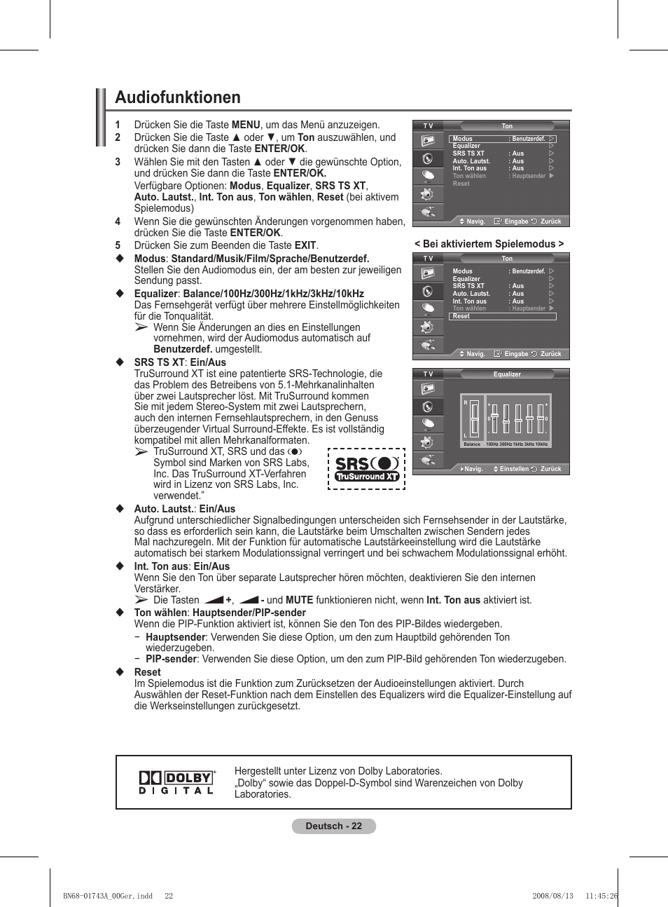 Audiofunktionen | Samsung PS50A417C2D User Manual | Page 143 / 477