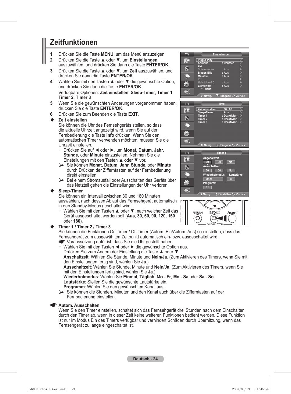 Zeitfunktionen | Samsung PS50A417C2D User Manual | Page 145 / 477