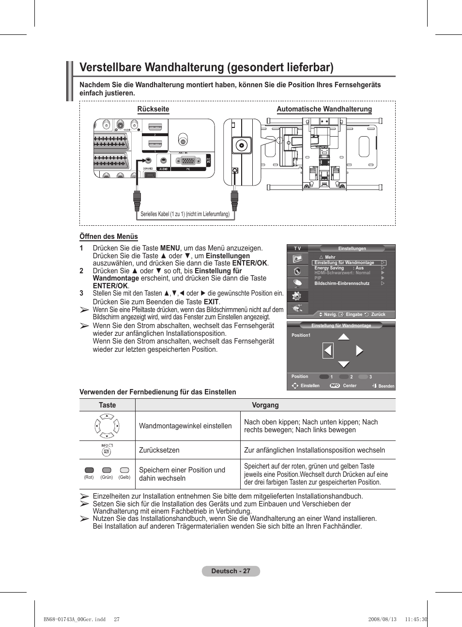 Verstellbare wandhalterung (gesondert lieferbar) | Samsung PS50A417C2D User Manual | Page 148 / 477