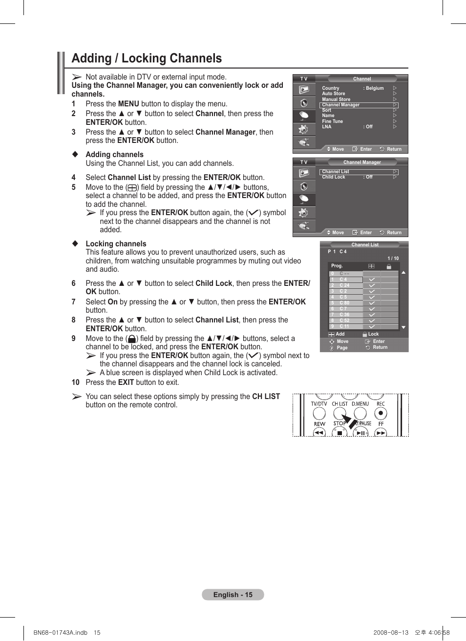 Adding / locking channels | Samsung PS50A417C2D User Manual | Page 15 / 477