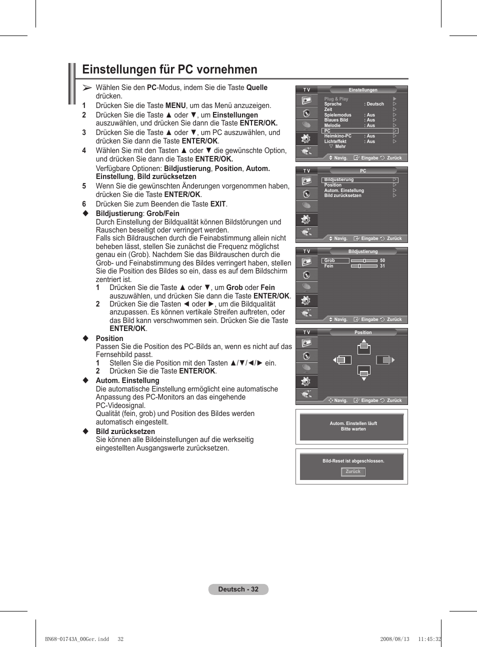 Einstellungen für pc vornehmen | Samsung PS50A417C2D User Manual | Page 153 / 477