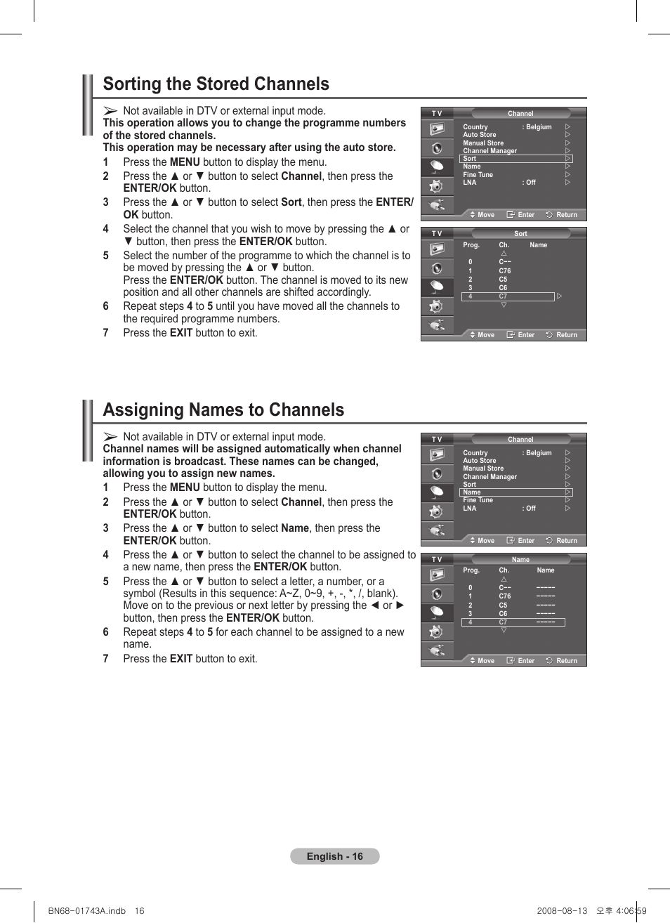 Sorting the stored channels, Assigning names to channels | Samsung PS50A417C2D User Manual | Page 16 / 477