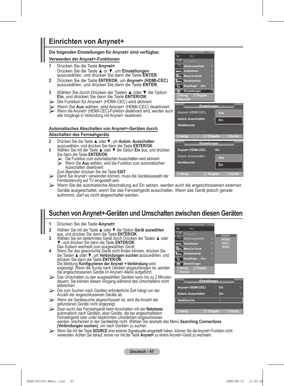 Einrichten von anynet | Samsung PS50A417C2D User Manual | Page 168 / 477