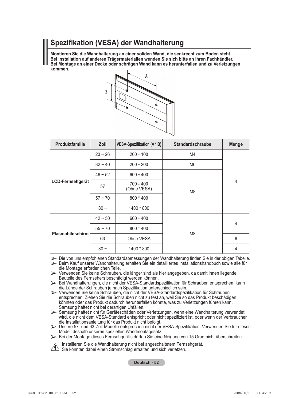 Spezifikation (vesa) der wandhalterung | Samsung PS50A417C2D User Manual | Page 173 / 477