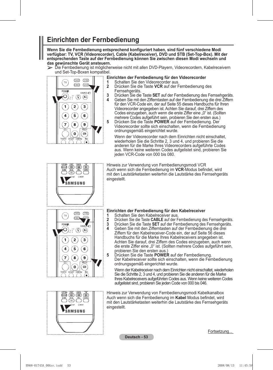 Einrichten der fernbedienung | Samsung PS50A417C2D User Manual | Page 174 / 477