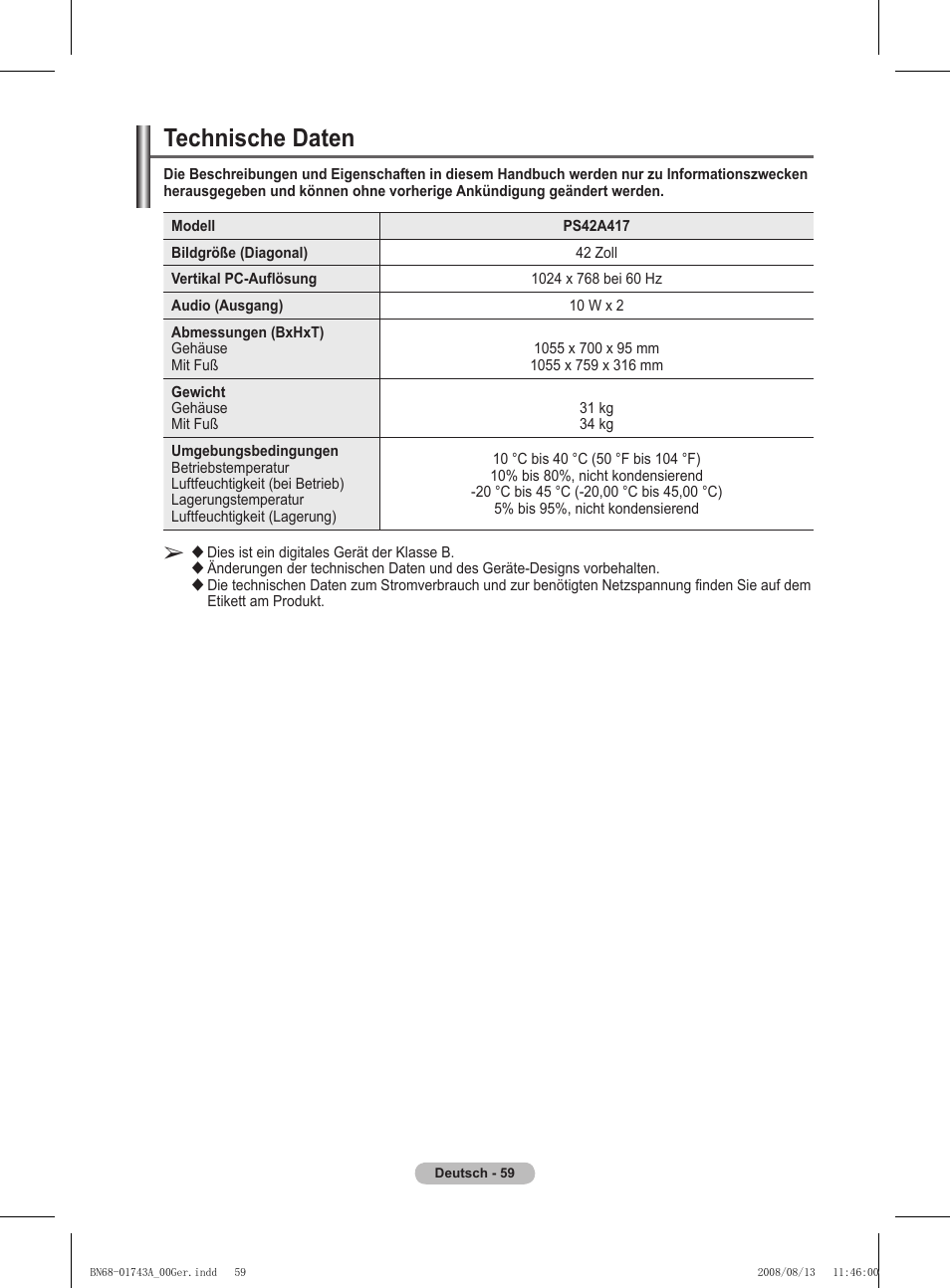 Technische daten | Samsung PS50A417C2D User Manual | Page 180 / 477