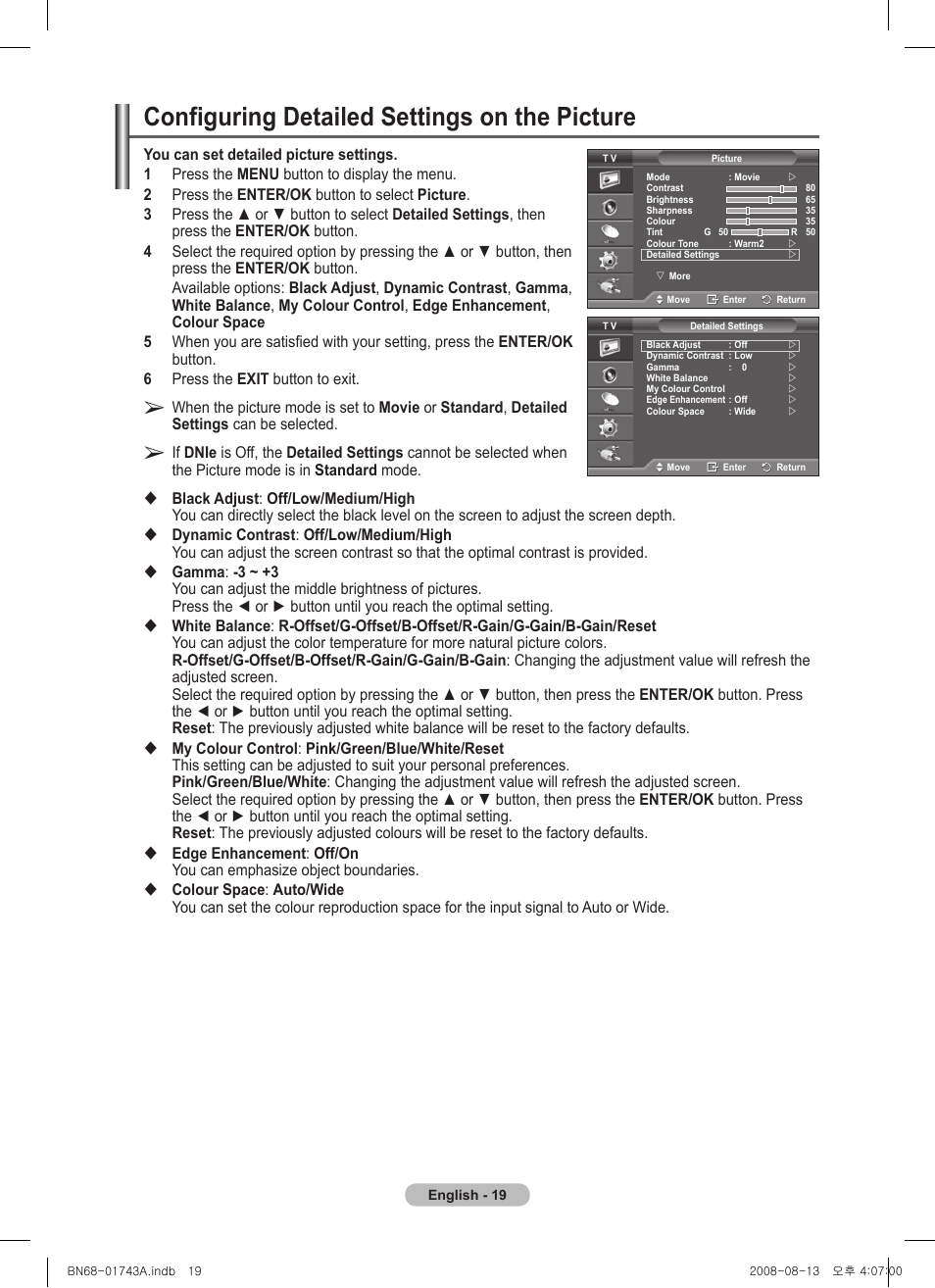 Configuring detailed settings on the picture | Samsung PS50A417C2D User Manual | Page 19 / 477