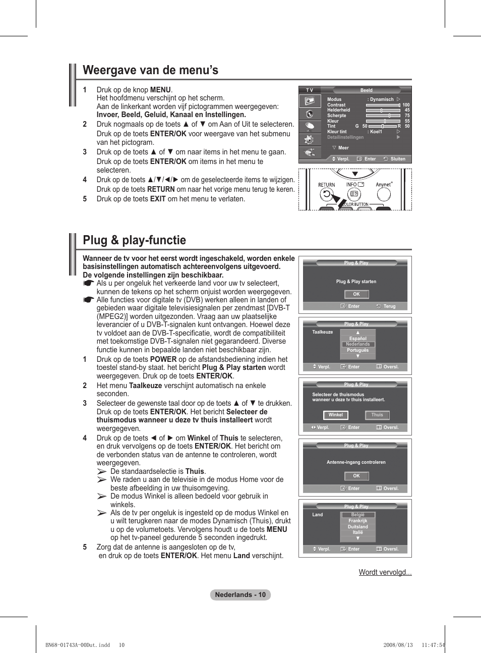 Plug & play-functie, Weergave van de menu’s | Samsung PS50A417C2D User Manual | Page 190 / 477