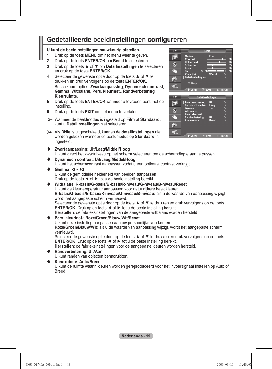 Gedetailleerde beeldinstellingen configureren | Samsung PS50A417C2D User Manual | Page 199 / 477
