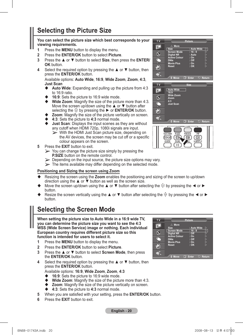 Selecting the picture size, Selecting the screen mode | Samsung PS50A417C2D User Manual | Page 20 / 477